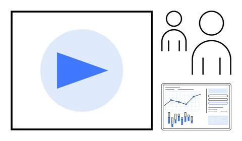 Blue play button, two user icons, and data chart with graphs. Ideal for media 스톡 일러스트