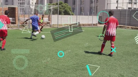 Blue player on ball, dribbling, shooting to score, defs blocking, GK reacting, Stock Footage 333478091
