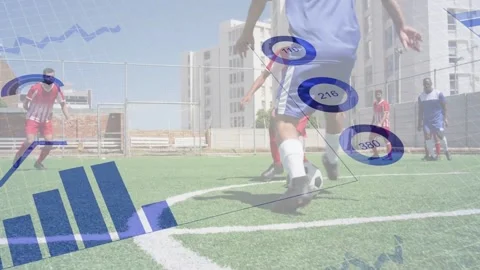Blue player dribbling after touch keeping soccer ball evading sliding tackle Stock Footage 333689486