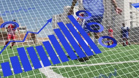 Blue player nudging ball past sliding tackler at arc to score, AR graph Stock Footage 334694307