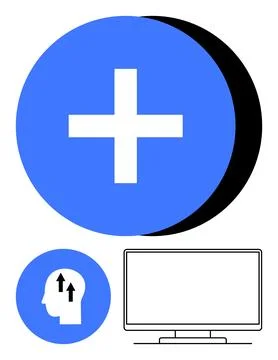 Blue Plus Sign with Human Head and Arrow Icons next to Computer Monitor Stock Illustration