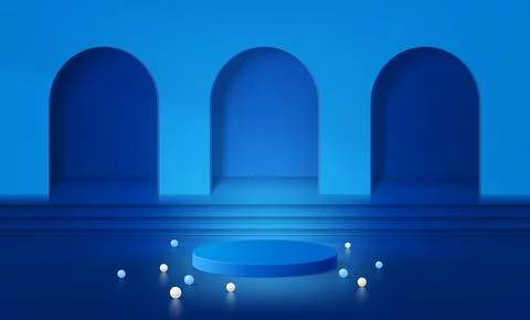 Blue podium. 3d ramadan room, luxury door with platform or color stage, arch on Stock Illustration