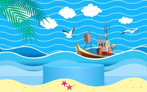 Blue podium with the beach background Stock Illustration