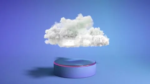 Blue podium with cloud on blue background. Product display stand. Insert your Stock Photos