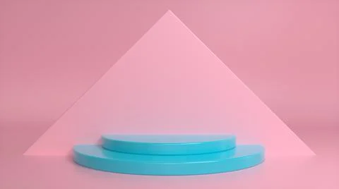 Blue podium on a pink abstract triangular background. Blank showcase mockup w Stock Illustration