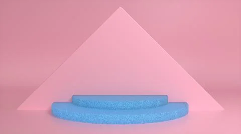 Blue podium on a pink abstract triangular background. Blank showcase mockup w Stock Illustration