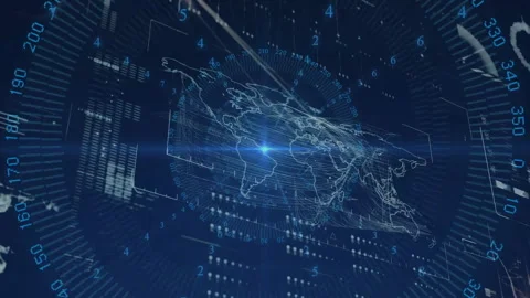 Blue point appearing, starting 3D map forming, gauge pulsing, bars flickering Stock Footage 313494685