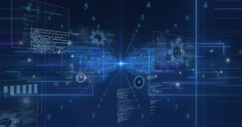 Blue point appearing, streams flowing, panels sliding and settling around hub, Video stock 317486776