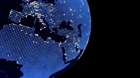 Blue point world globe Africa map with white dot cities on dark background 3D Stock Footage