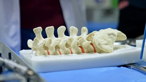 Blue pointer touches the dummy of human spine. Stock Footage 302020115