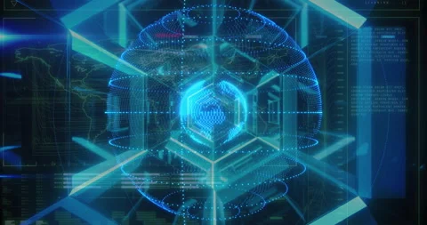 Blue points forming sphere, core emerging rings rotating panels animating Stock Footage 310780925