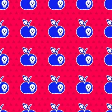 Blue Poison apple icon isolated seamless pattern on red background. Poisoned Stock Illustration