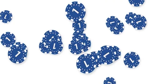 Blue Poker Chips Falling and Bouncing on White Background Видео 343830710