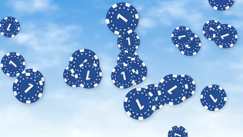 Blue Poker Chips Falling Through a Bright Blue Sky with Clouds Stock Footage 344835083