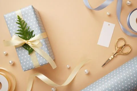Blue polka dot gift box with cream ribbon and thuja twig. Wrapping supplies o Stock Photos