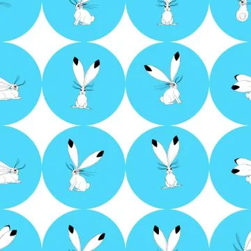 Blue polka dot seamless pattern with rabbits. Stock Illustration