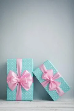 Blue polka dots gift boxes Stock Photos