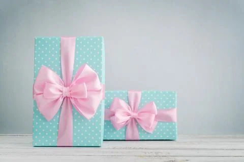 Blue polka dots gift boxes Stock Photos