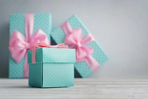 Blue polka dots gift boxes Stock Photos