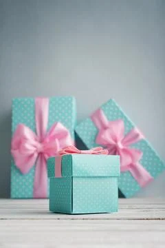 Blue polka dots gift boxes Stock Photos