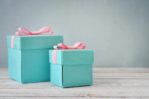 Blue polka dots gift boxes Stock Photos