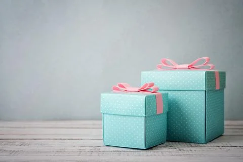 Blue polka dots gift boxes Stock Photos