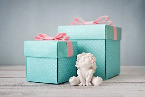 Blue polka dots gift boxes Stock Photos