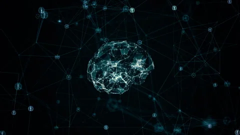 Blue polygon brain logo and digital ai icons linked on grid mesh Stock Footage 261361274