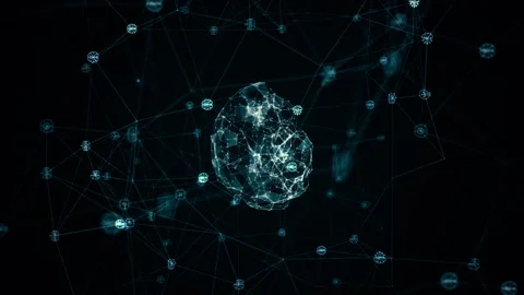 Blue polygon brain logo and digital ai assistant icons linked Stock Footage 263581013