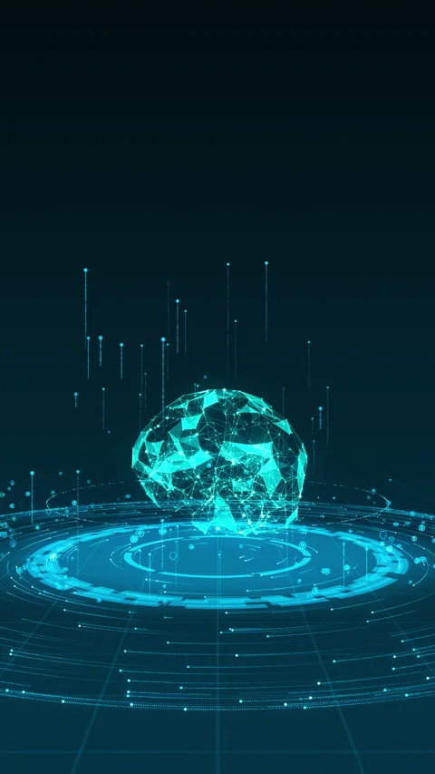 Blue polygon brain logo with ring circle rotation and ai technology icon Stock Footage 275350164