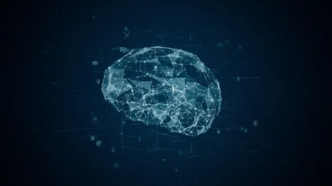Blue polygon digital brain logo with grid line and ai technology icon rotation Stock Footage 247504812