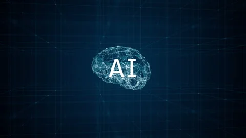 Blue polygon digital brain logo and AI letter with dot and line Stockbeeldmateriaal 248074115