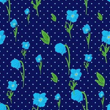 Blue poppies vector seamless pattern on dark blue background Stock Illustration