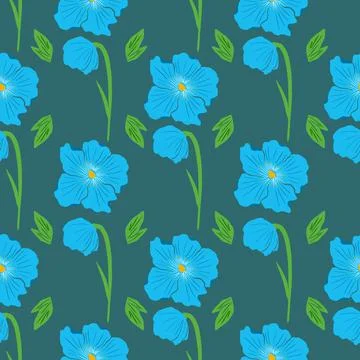 Blue poppy flowers vector repeat pattern on green background Stock Illustration