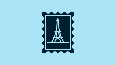 Blue Postal stamp and Eiffel tower icon isolated on blue background. 4K Video Stock Footage 231422769