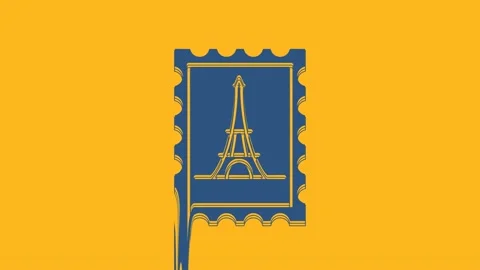 Blue Postal stamp and Eiffel tower icon isolated on orange background. 4K Video Stock Footage 234271634