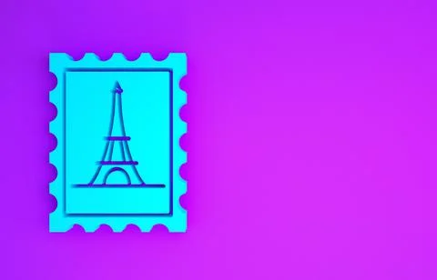 Blue Postal stamp and Eiffel tower icon isolated on purple background. Minima 스톡 일러스트