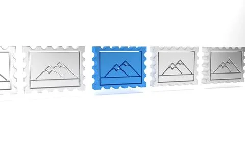 Blue Postal stamp and Mountains icon isolated on white background. Minimali.. Stock Illustration