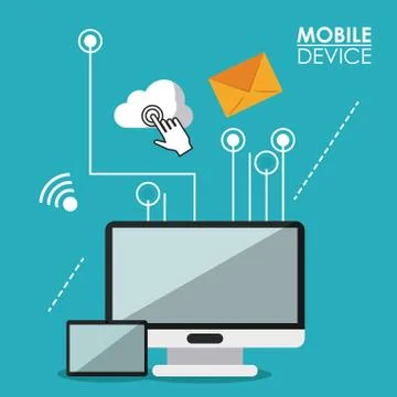 Blue poster mobile device with desktop computer and tablet and link to common Stock Illustration