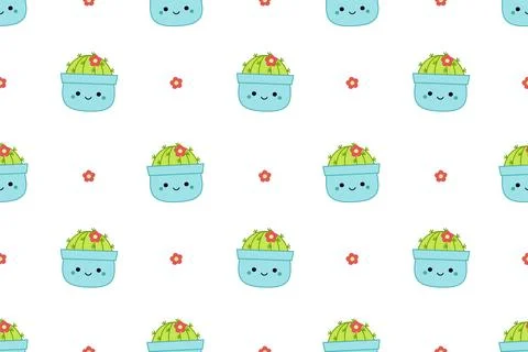 Blue pots with cactuses on seamless pattern. Squishmallow. Cactus, plant. Kawaii Stock Illustration