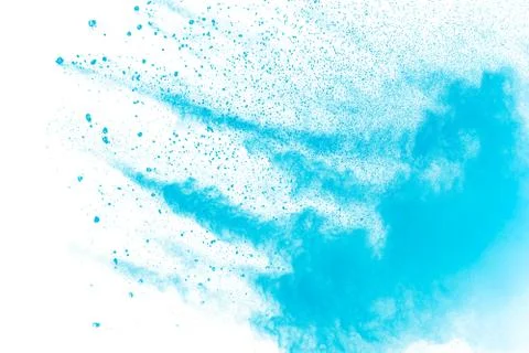 Blue powder explode cloud on black background.Launched blue dust particles. Stock Photos