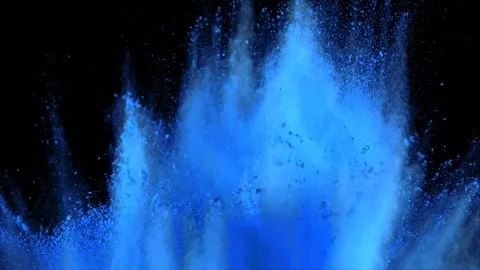 Blue powder explosion in slow motion movement of dust remains engulfing screen Video stock 122493653