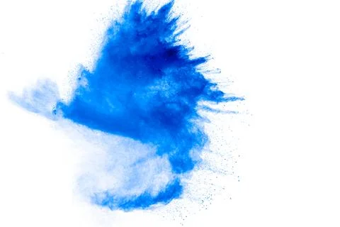 Blue powder particles splatter on white blackground. Stock Photos