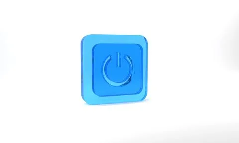 Blue Power button icon isolated on grey background. Start sign. Glass square 스톡 일러스트
