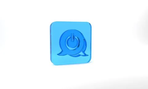 Blue Power button icon isolated on grey background. Start sign. Glass square Stock Illustration