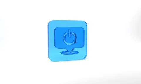 Blue Power button icon isolated on grey background. Start sign. Glass square Stock Illustration