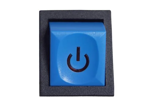 Blue power switch button isolated on white background. Power button, close-up Stock Photos
