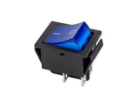 Blue power switch on white background Blue electrical power switch, electr... Fotos Stock