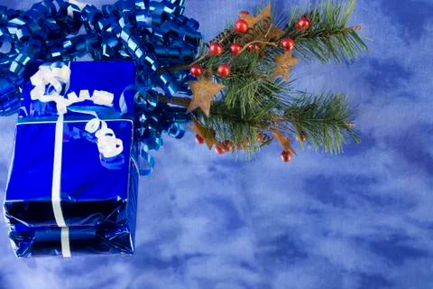 Blue present and pine branch Stock Photos