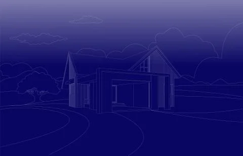 Blue print wire frame perspective  house exterior. Ilustración de archivo